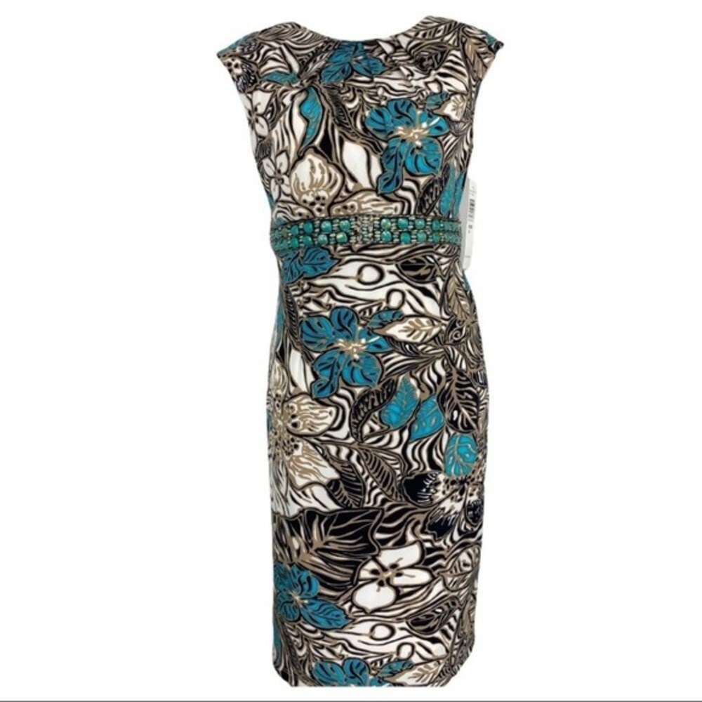 Helene Blake Womens Turquoise Floral Beaded Waist Sheath Dress‎ 6 New
